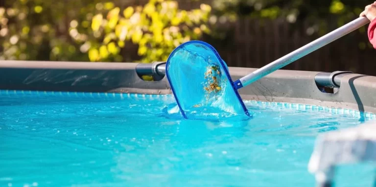 Person using a blue pool skimmer net to remove leaves and debris from the surface of a clear blue swimming pool on a sunny day after recent inground pool installation