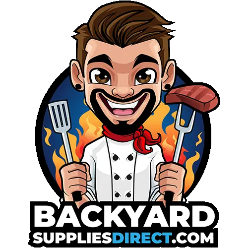 Cartoon chef with brown hair and beard holding a spatula and fork with steak, smiling in front of flames. Perfect for a pool company’s BBQ event! Text below reads "BACKYARD SUPPLIESDIRECT.COM" in bold letters.