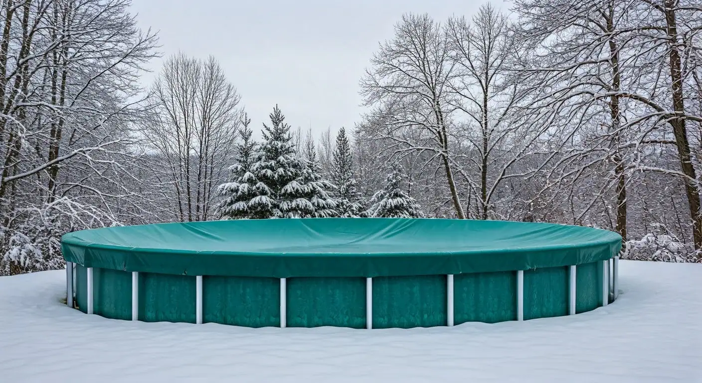 A round, above-ground pool covered with a green tarp sits in a snowy backyard, illustrating the benefits of professional pool closing services among leafless trees and evergreens on a winter day.