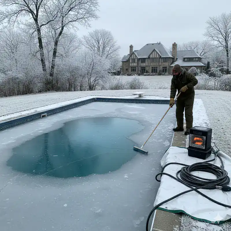 A person in winter clothing uses a tool to clear snow from the surface of a partially frozen outdoor pool, with a large house and frosty trees in the background. A portable heater sits on the poolside.